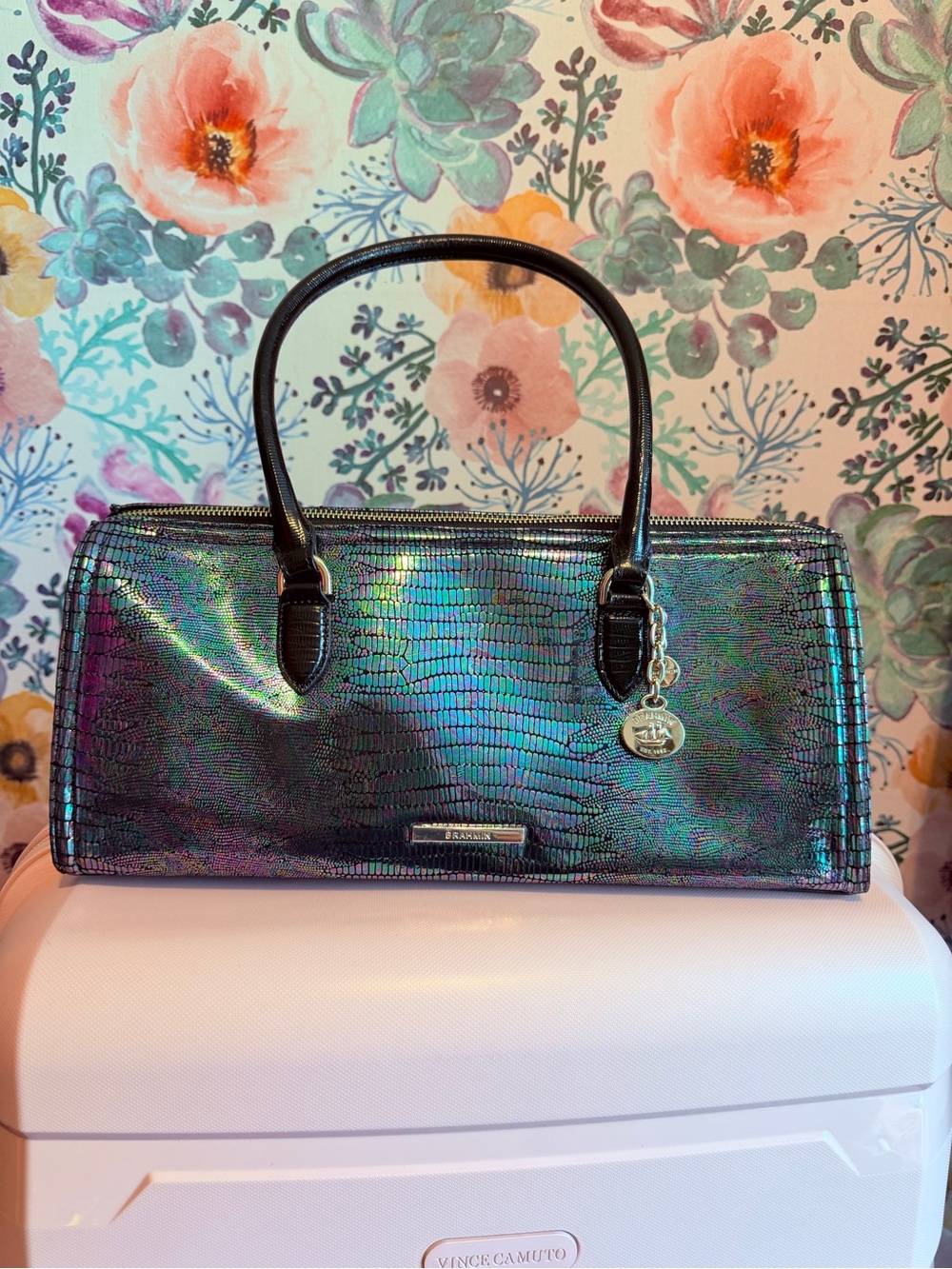 NWT Brahmin Iridescent Green-Purple Textured Satchel